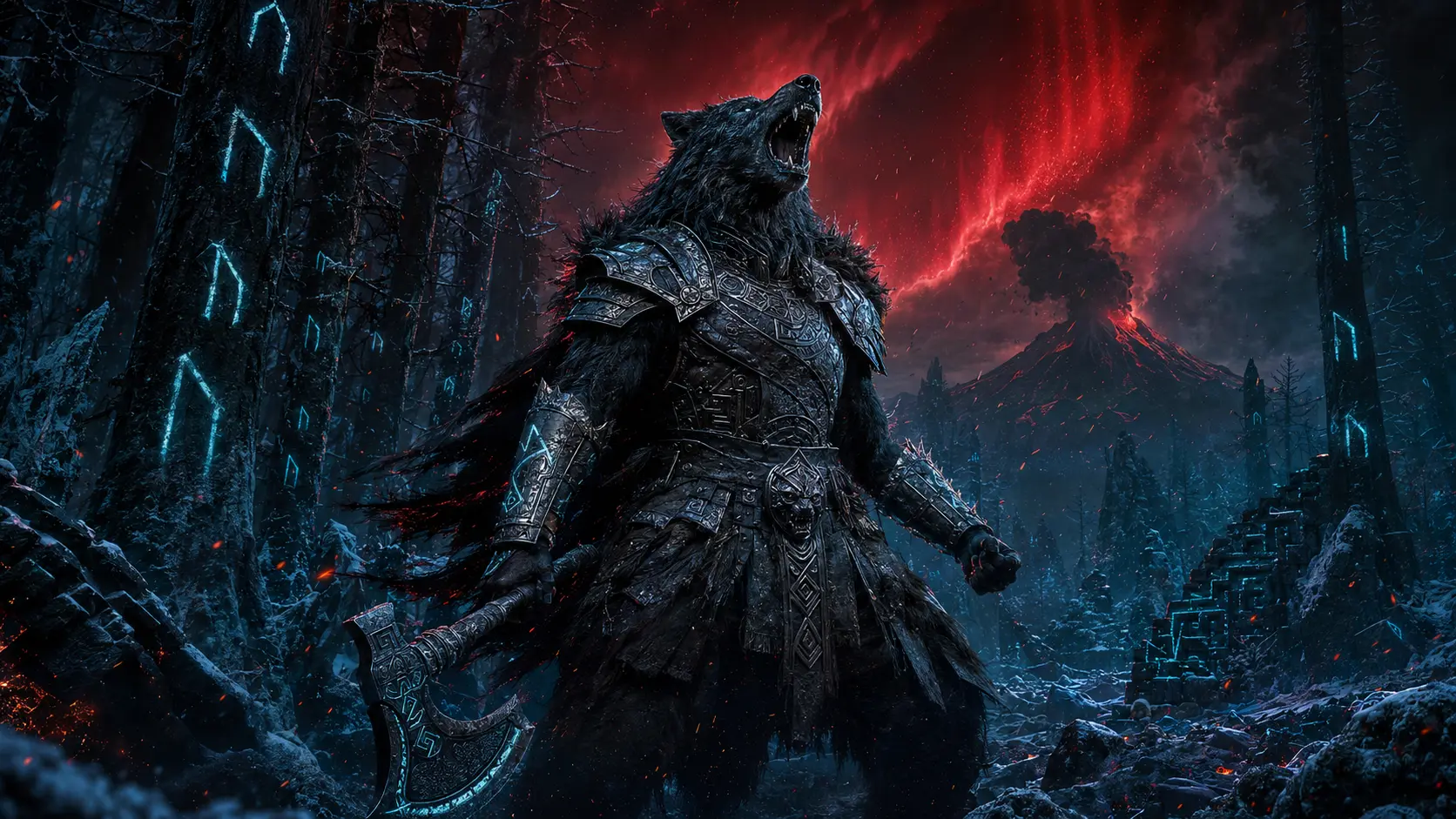 Lobo guerrero frente a un paisaje volcánico