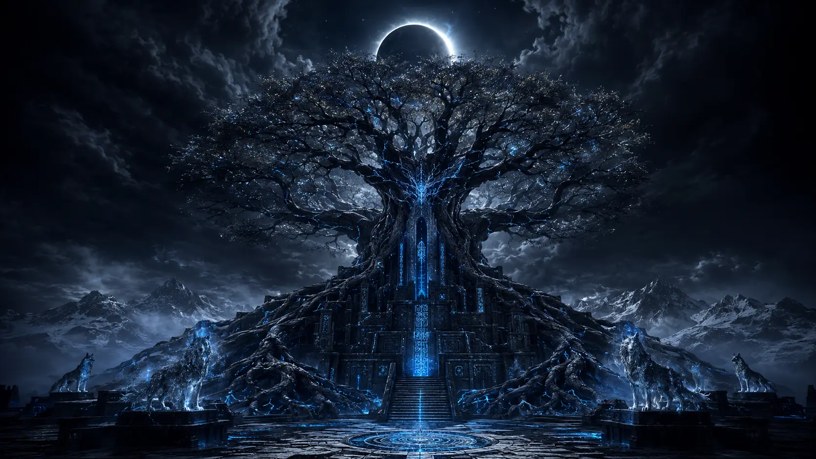 Árbol ancestral de obsidiana y runas luminosas